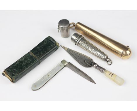 A silver bladed and mother of pearl handled folding fruit knife, John Nowill, Sheffield 1873, within a case, with a trowel sh