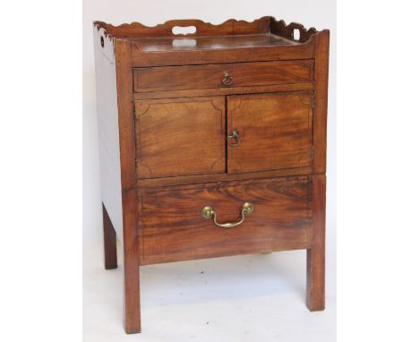 A George III mahogany tray top commode, with two drawers and two cupboard doors, on chamfered legs, 79cm H x 59cm W x 48cm D