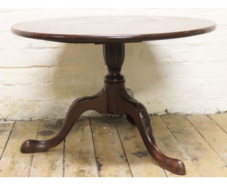 A George III mahogany circular tripod table, on carved legs, (reduced), 49cm H x 76cm diameter