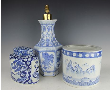 A Chinese style blue and white baluster hexagonal lamp base, 46cm high including fitting, a landscape decorated Chinese style