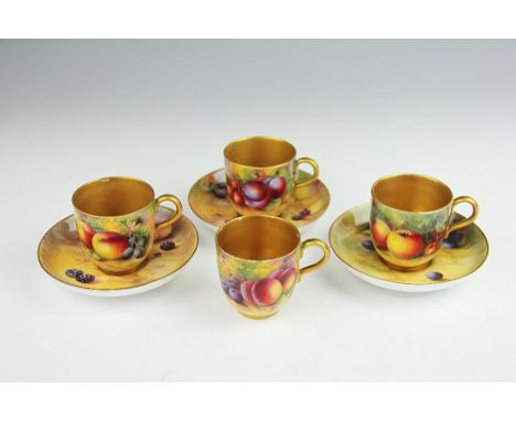 Four Royal Worcester fruit painted cups and three saucers, to include; two cups by Harry Ayrton and date code for 1927, a cup