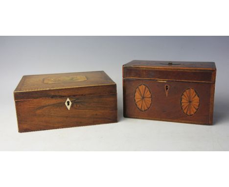 A George III satinwood inlaid box, converted from a tea caddy, 20.5cm long, with a Regency inlaid rosewood work box, the lid 