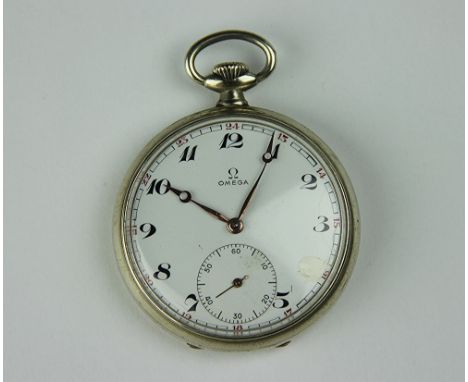 An Omega open faced pocket watch, stainless steel, the white enamel dial (restored) with black Arabic numerals and subsidiary