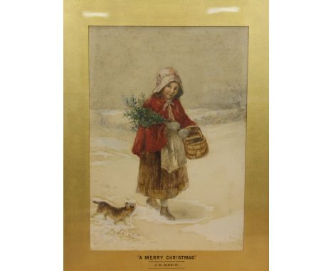 J. K. Makin,Watercolour,'A Merry Christmas', girl with holly and a dog,Signed and dated 1876,36cm x 25cm,Framed and glazed