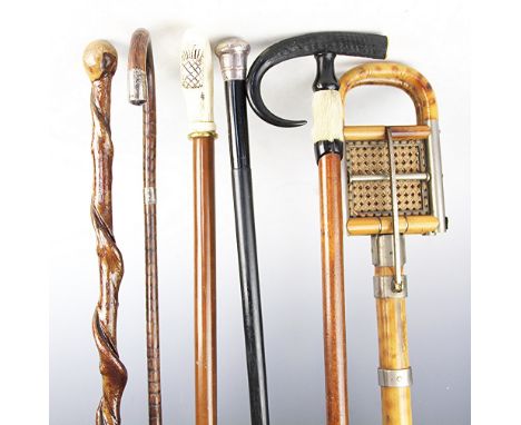 A collection of five assorted walking sticks and canes to include a Swiss goats foot and antler handled example titled 'Rigi 