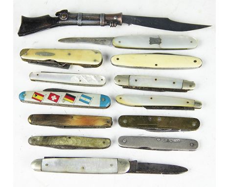 A collection of thirteen assorted fruit and pen knives, to include mother of pearl and silver bladed Victorian examples, silv