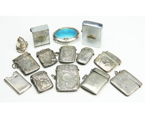 A selection of nine assorted silver vesta cases (some at fault) and other small items, to include; a Zippo lighter, a REME li