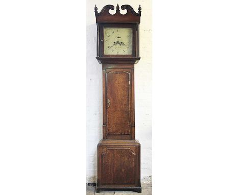 A George III oak and walnut eight day longcase clock, painted Roman numeral dial with subsidiary seconds and date aperture, s