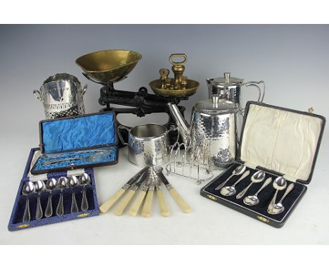 A collection of silver and plated wares, to include; a cased set of six silver tea spoons, and three further cased sets of te