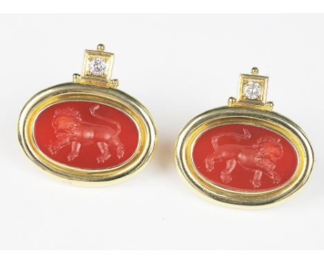 A pair of Elizabeth Gage intaglio set earrings, designed as a pair of carnelain intagio set oval panels, engraved with a lion