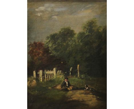 English School (19th century),Oil on canvas,Boy and a dog by a country gate,Unsigned,28cm x 21cm,Framed