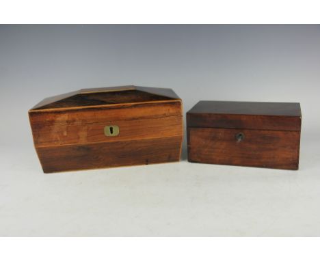A 19th century rosewood sarcophagus shaped tea caddy, 30cm, with a smaller mahogany tea caddy, 22cm (2)