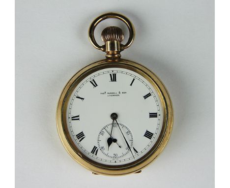 A gold plated pocket watch, Roman numeral enamel dial with subsidiary seconds and signed Thos Russell & Son Liverpool, the ca