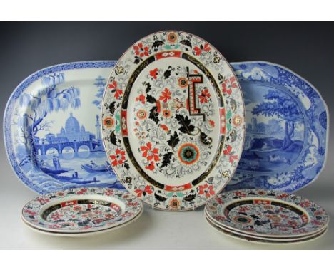 A selection of three spode blue and white meat plates and another similar, largest 48cm wide, along with three Ashworths plat