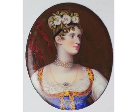 A 19th century enamel miniature of a lady, possibly Josephine de Beauharnais, modelled with flowers in her hair, pearl choker
