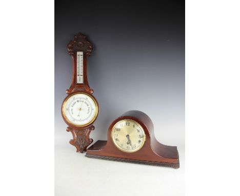 A Victorian carved oak barometer, with ceramic dial, 68cm, with a mahogany mantel clock, 23cm H (2)