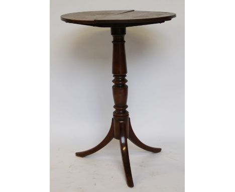 A George III provincial oak tilt top occasional table, with four piece top on a turned column and tripod base, (as found) 72c