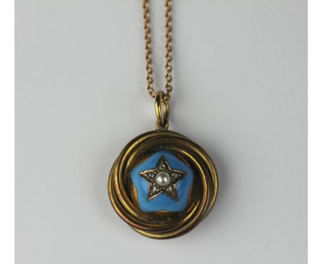 A Victorian diamond, seed pearl and turquoise enamelled locket/pendant, designed as a central diamond set star against an ena