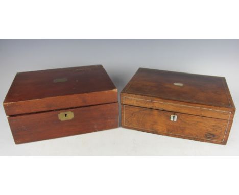 A rosewood and mother of pearl inlaid writing slope, the hinged lid with vacant plaque enclosing a compartmented leather trim