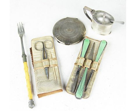 A silver wet mustard, Nathan & Hayes, Birmingham, of oval form, a silver ladies powder compact, three green enamelled manicur