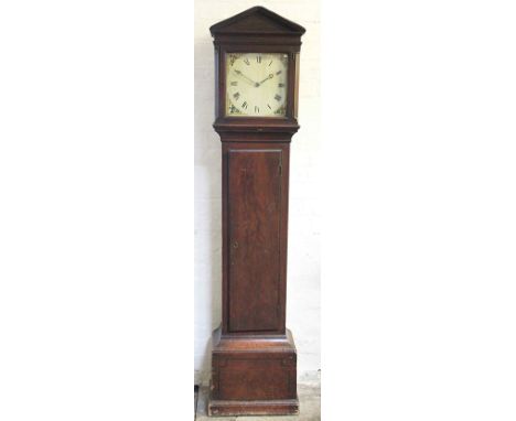 A George III stained pine provincial 30 hour longcase clock, with painted Roman numeral dial and movement striking on a bell,