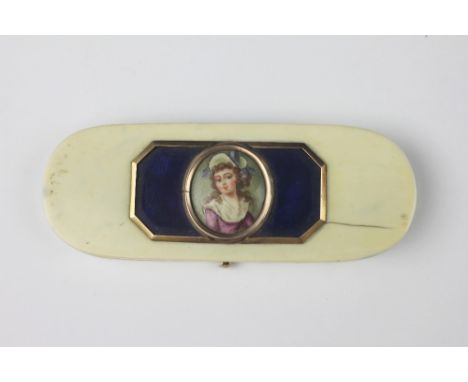 A George III ivory tooth pick case, the top inset with an enamel portrait plaque of a Lady, with blue enamel surround and yel