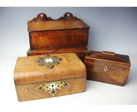 A George III oak hanging salt box, 31cm, with a Victorian inlaid walnut box, a brass bound walnut box and a William IV rosewo