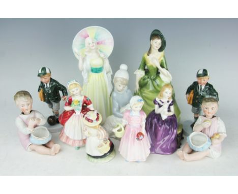 A selection of Royal Doulton figurines to include; 'Off to school' HN 3768, 14cm high (2), 'Tinkle Bell' HN1677, 11.5cm high,