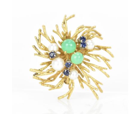 A German Grosse 18ct yellow gold brooch, fashioned as branches encrusted with two jade cabochons, largest 5.6mm, four pearls,