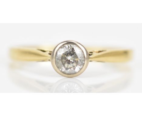 An 18ct yellow gold diamond engagement ring, the brilliant cut diamond approximately 0.5ct, clarity I3, colour J, ring size P