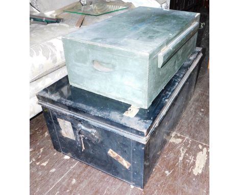 A black painted tin trunk, 35cm high, together with a painted wooden box.