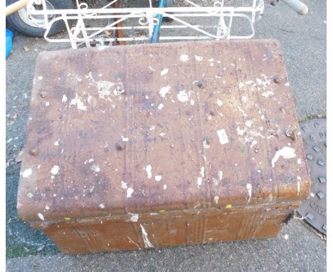 A domed metal trunk, together with a wheelbarrow, metal jardiniere stand, garden tools, etc. (a quantity)