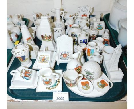 A group of crested china, to include obelisk, butter dish, Nottingham throne, golf ball, etc. (1 tray) 