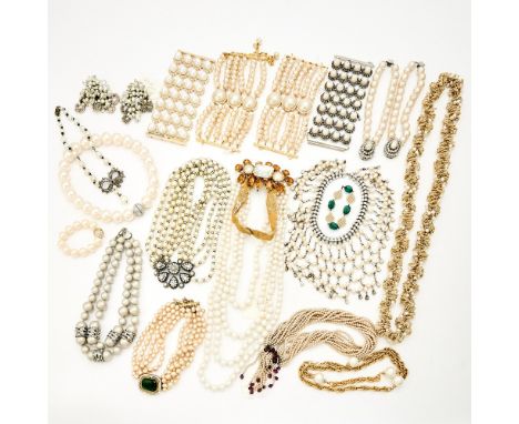 Comprising two Nina Ricci multi-strand bracelets, Nina Ricci multi-strand necklace with rhinestones, Roger Jean Pierre multi-