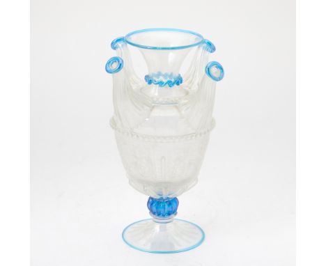 20th century, MuranoThe everted lip above four spouts, the body with etched panels of stylized S-scrolls with blue glass trim