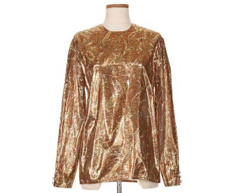 Comprising an Oleg Cassini metallic gold and copper paisley long-sleeve blouse (size 4) and navy blue cotton double-breasted 