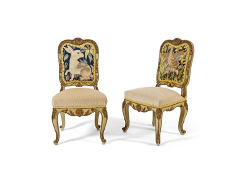 Each cartouche-shaped back with tapestry upholstery depicting a rabbit or a heron, raised on cabriole legs.Height 35 1/2 inch