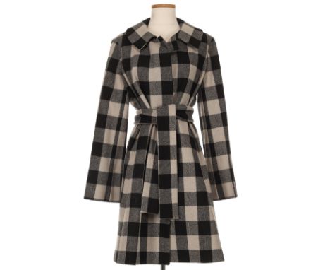 Comprising a black and grey wool nylon blend buffalo-check belted closure (size 10), and a black wool long sleeve button down