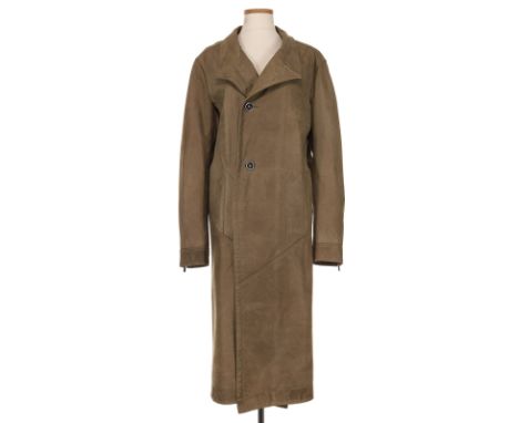 The standing collar above raglan sleeves and button front closure (size 42); Together with an Emporio Armani Brown Calfskin O
