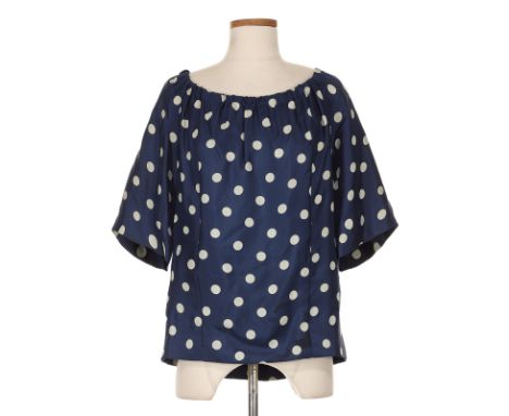 The cotton rib-knit three-quarter pagoda sleeves with hook and button front and polka-dot pleat neck tie and welt pockets (no