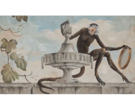 A Spider Monkey with a TambourineMixed media on canvas23 1/2 x 39 1/4 inches (59.6 x 99.5 cm)Frame 28 1/2 x 44 1/4 inches (72