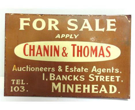 A CHANIN &amp; THOMAS ESTATE AGENCY DOUBLE-SIDED ENAMEL WALL OR POST SIGN  pale brown, cream and crimson, 'FOR SALE / APPLY /