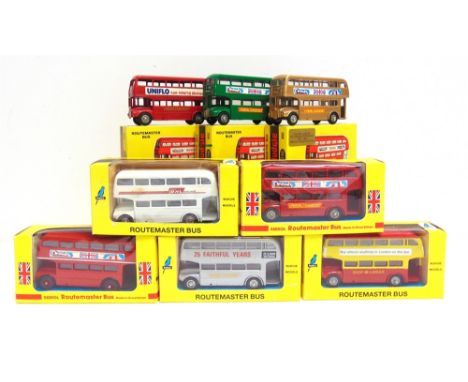 EIGHT BUDGIE / SEEROL DIECAST MODEL BUSES  comprising a No.236, A.E.C. Routemaster Bus 'London Transport', gold [Golden Jubil