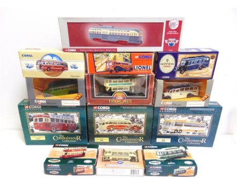 THIRTEEN CORGI CLASSICS DIECAST MODEL BUSES, COACHES &amp; TRAMS  including a No.33804, Bedford OB Coach 'Guinness'; No.36501