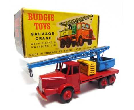 A BUDGIE TOYS NO.214, THORNEYCROFT MOBILE SALVAGE CRANE  red, blue and yellow with red hubs, near mint, boxed, the box genera