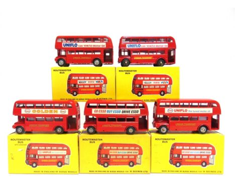 FIVE BUDGIE DIECAST MODEL BUSES  comprising a No.236, A.E.C. Routemaster Bus 'London Transport', red with silver plastic hubs