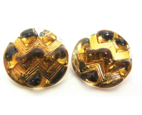 BUTTONS - A PAIR OF ORPLID (BIMINI) GLASS BUTTONS  possibly designed by Lucie Rie, each brass reverse marked 'MADE IN ENGLAND