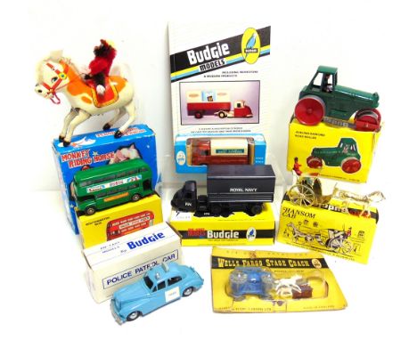 SEVEN ASSORTED BUDGIE DIECAST MODEL VEHICLES  comprising a No.246, Police Patrol Car, pale blue and white with bare metal hub