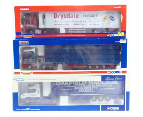 THREE CORGI CLASSICS DIECAST MODEL COMMERCIAL VEHICLES  comprising a No.CC12811, Scania T Cab Curtainside 'Oakfield Haulage';