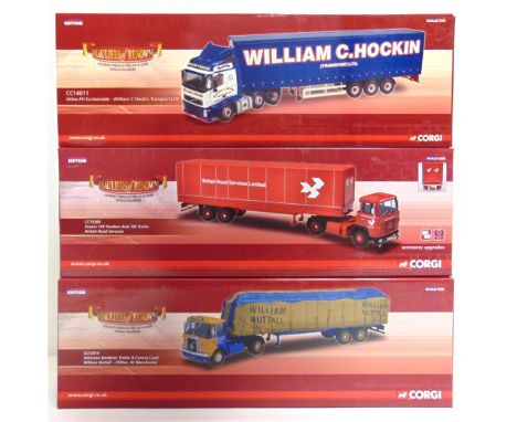 THREE CORGI CLASSICS DIECAST MODEL COMMERCIAL VEHICLES  comprising a No.CC14011, Volvo FH Curtainside 'William C. Hockin Tran